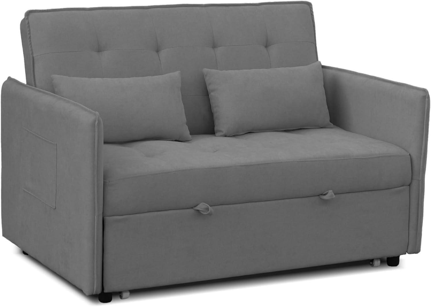 Sofá cama 3 posiciones con sistema clic-clac – convertible en cama, tapizado gris, estructura de madera y cojines incluidos – 135x87x96 cm