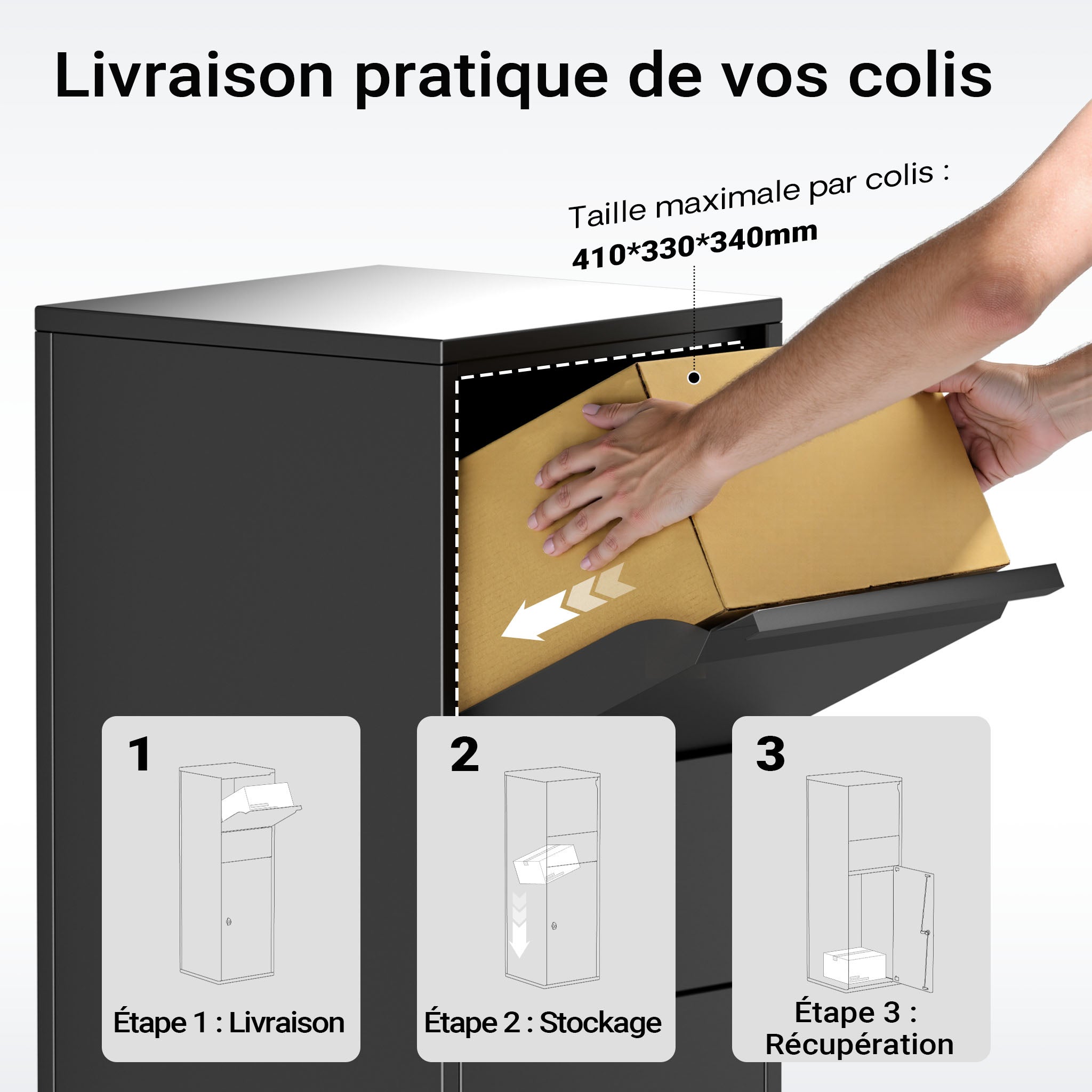 Boîte à colis verrouillable noire 460 x 450 x 1400 mm, Boîte aux lettres sur pied, pour colis Taille S et L, Usage domestique Wiltec - 4