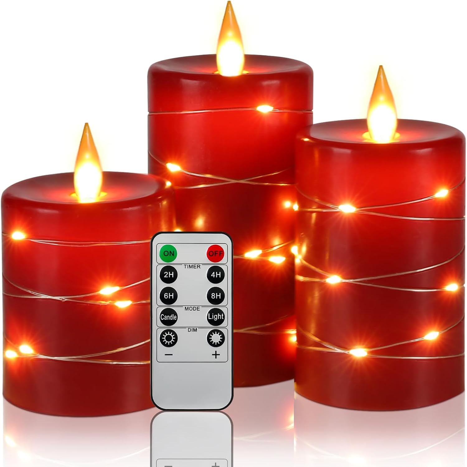 Zestaw 3 świec LED o kącie widzenia 360 stopni, z 10-przyciskowym pilotem, funkcją timera 24-godzinnego (czerwony).
