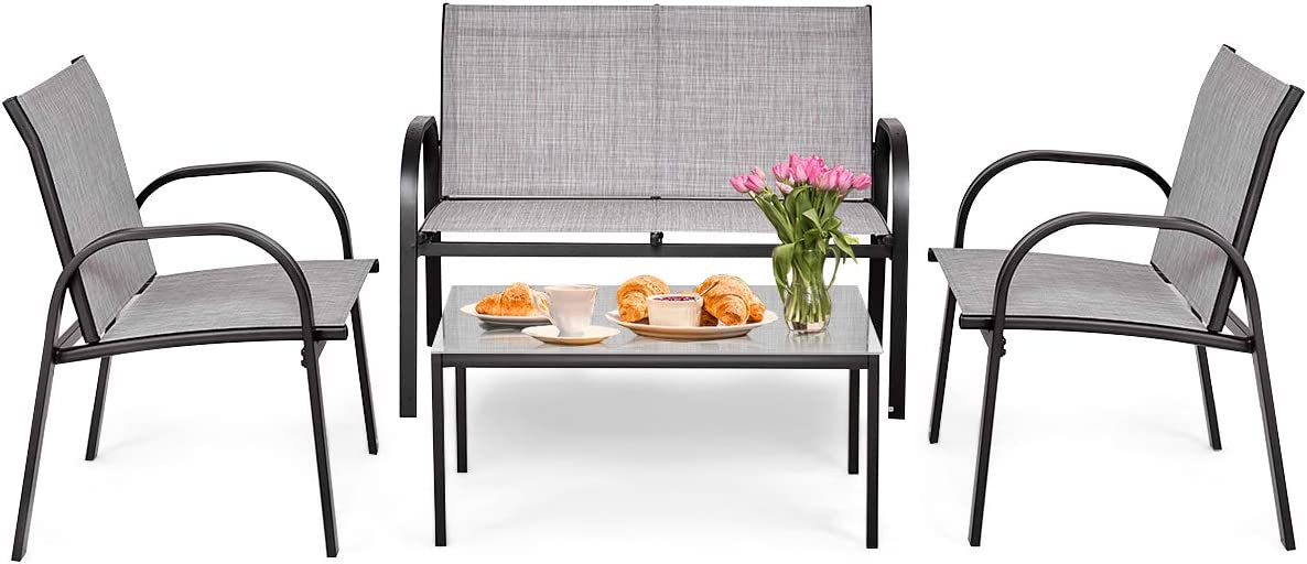 4-częściowy zestaw mebli ogrodowych, meble tarasowe z ławką, 2 krzesła i stolik kawowy, zestaw mebli balkonowych, na taras, do ogrodu (kolor szary)