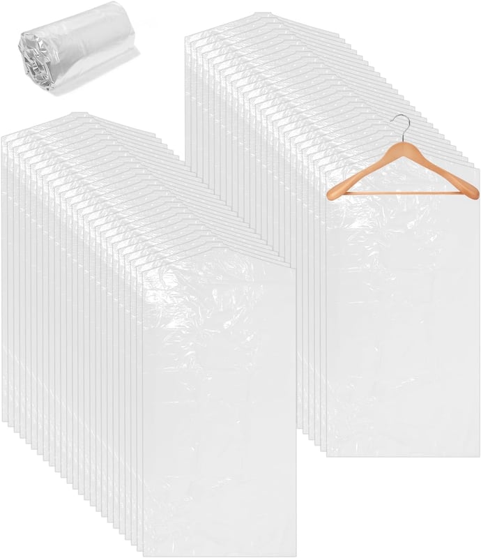 50 szt. przezroczystych pokrowców na ubrania 60x120 cm, wiszące pokrowce na ubrania, pokrowce na ubrania, plastikowe pokrowce na marynarki, sukienki,