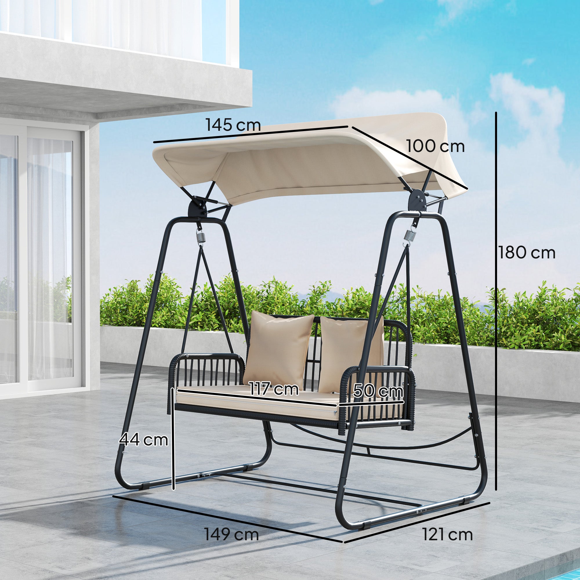 Balancelle de jardin Hollywood Swing 2 places en rotin avec auvent et coussins, jusqu'à 240 kg, 149 x 121 x 180 cm, kaki - 5