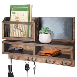 Porte-Courrier Et Porte-Clés Mural En Bois Avec 4 Crochets Doubles - Organiseur D'Entrée Marron