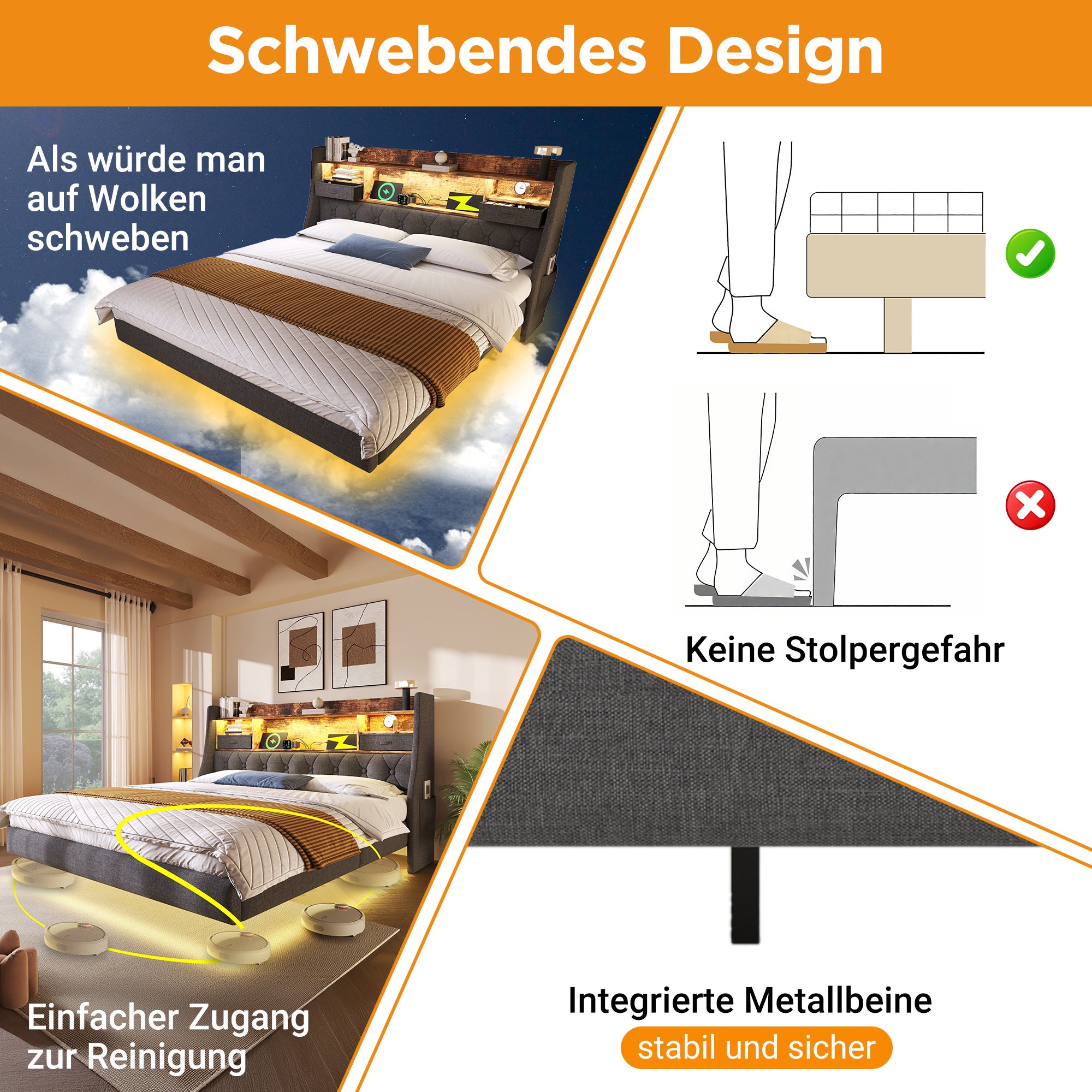 Łóżko tapicerowane 160 x 200 cm z zagłówkiem ze schowkiem - Gniazdo USB i typu C - Tkanina lniana - Diody LED - Szare (bez materaca) - 5