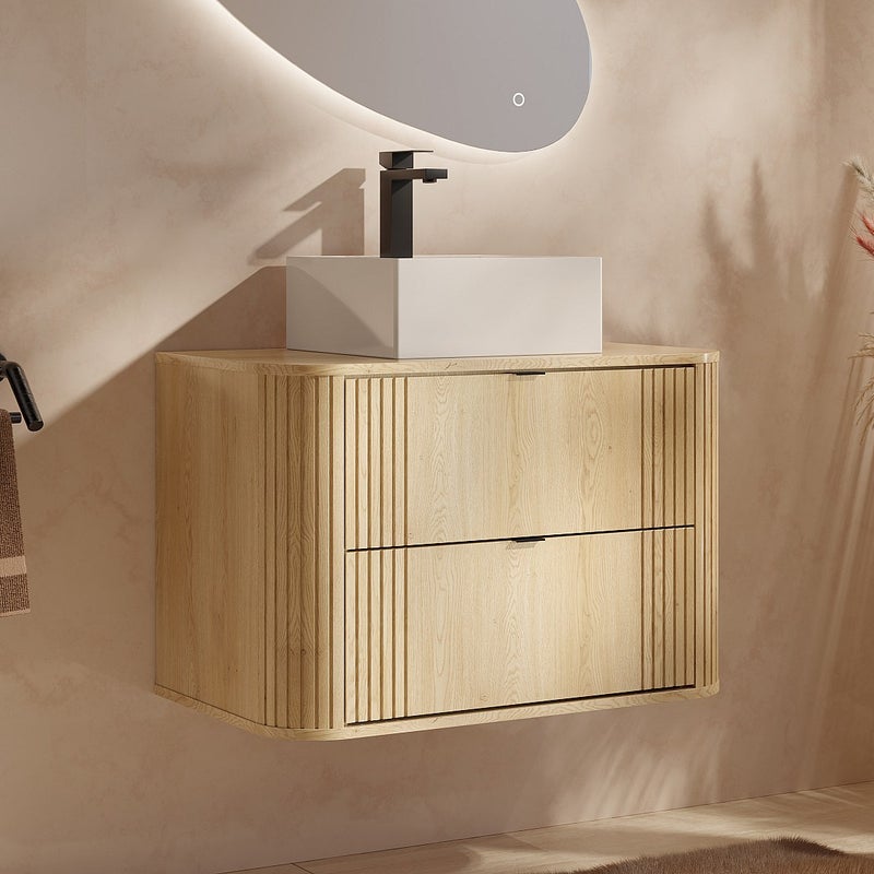 Szafka łazienkowa wisząca z umywalką nablatową kwadratową - Jasny naturalny - 80 cm - FILOR