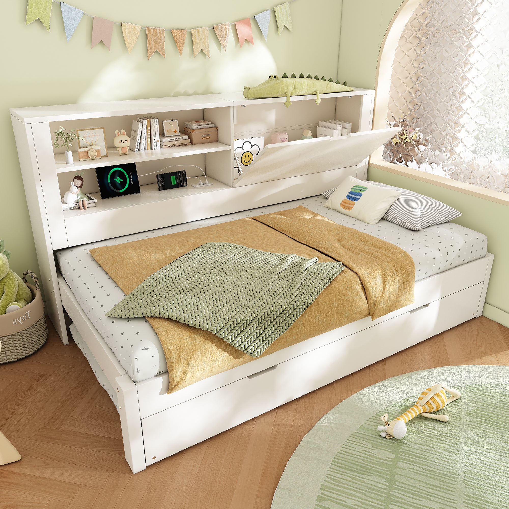 Cama Nido Infantil 90×200 + 90×190 cm con Somier de Madera y USB/USB-C, Sofá Cama con 2 Estantes y Almacenamiento Abatible - Blanco (Sin Colchón) - 3