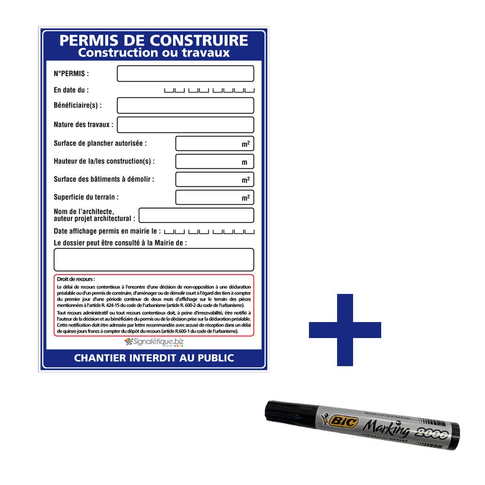 Panneau permis de construire, construction ou travaux + marqueur noir - Avec oeillets - 2