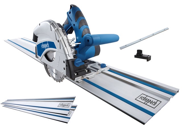 Scheppach Scie plongeante PL55 – 230 V – 1200 W – Profondeur de coupe 55 mm – Joint creux 16 mm – Inclinaison de 0° à 45° – 2 rails de guidage inclus