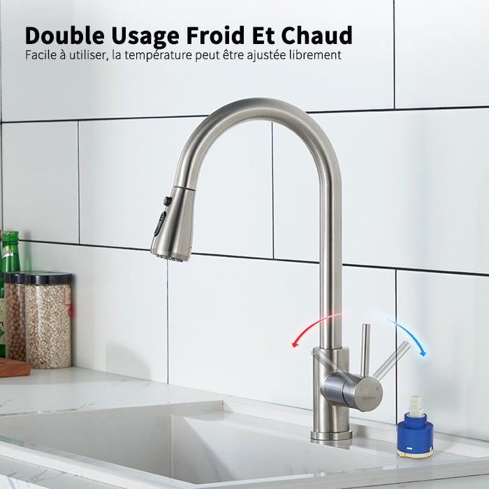 Robinet de Cuisine avec Douchette Extractible Mitigeur de Cuisine Brossé en Acier Inox Robinet d'évier pour Cuisine Rotatif à 360° avec 3 Modes - 4