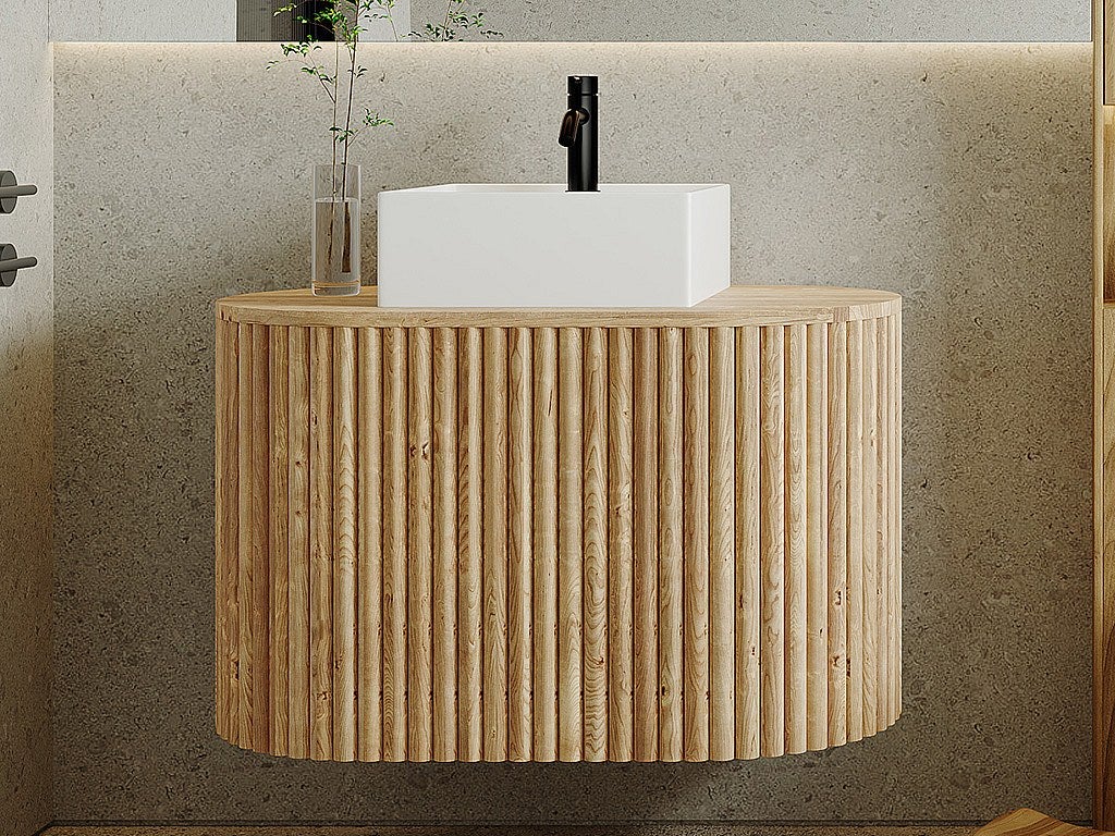 Szafka łazienkowa wisząca z drewna tekowego z kwadratową umywalką - 90 cm - TOWARI