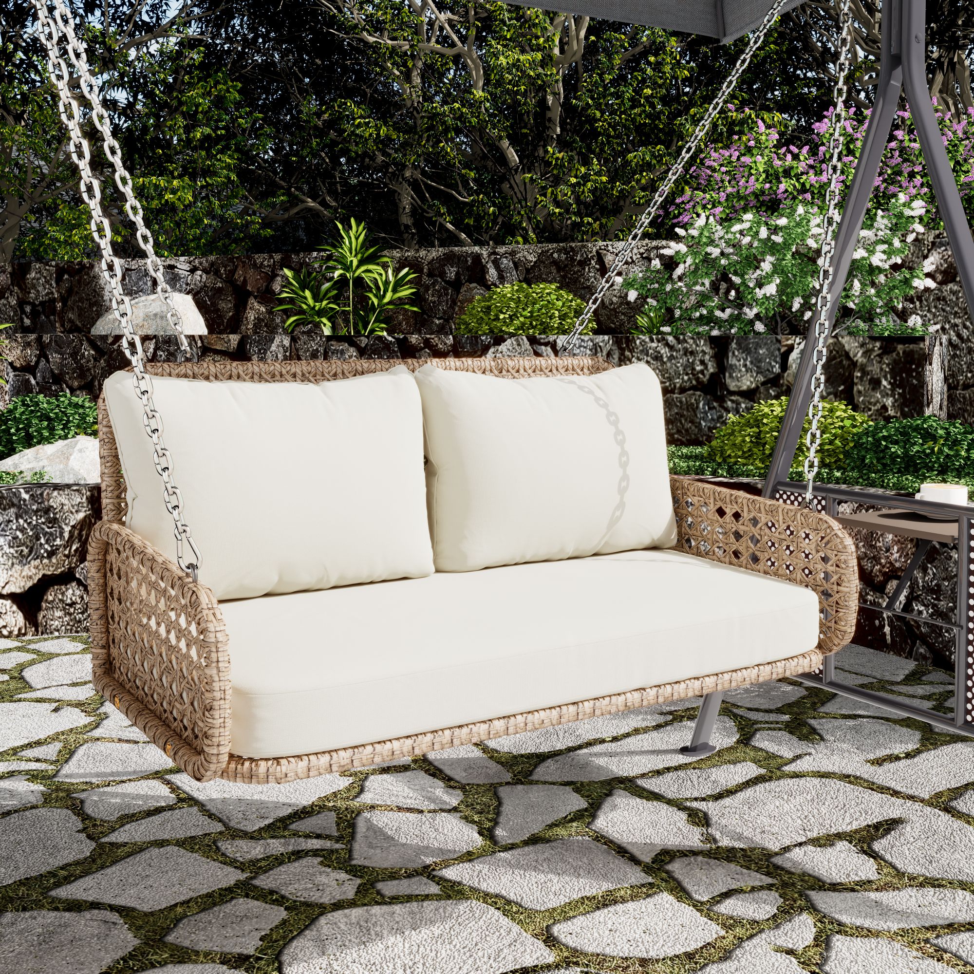 Balancelle de jardin 2 places en rotin PE, Balançoire de jardin - avec coussins et 2 chaînes - 112 x 54 x 48 cm - Beige - 3