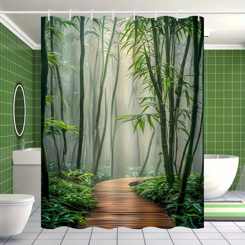 Nowa zasłona prysznicowa w chińskim stylu z bambusowym krajobrazem leśnym, elegancka zasłona łazienkowa wysokiej klasy, 120 * 180 cm, 12 haczyków