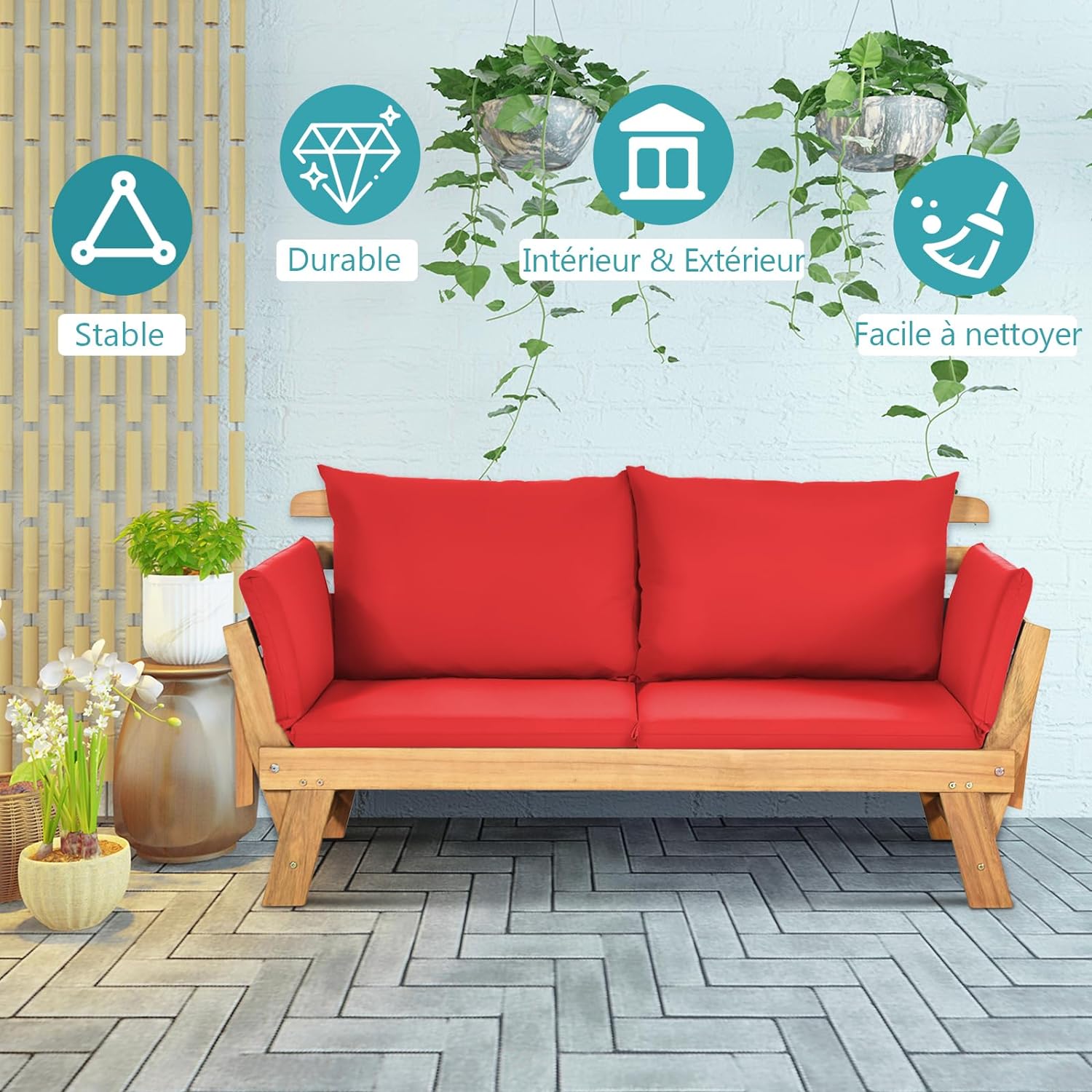 3 en 1 Canapé Lit de Jardin Extensible 2 Places Bois Acacia FSC Charge 320 KG-Accoudoirs Réglables/Coussins/Dossier Amovibles Rouge - 7