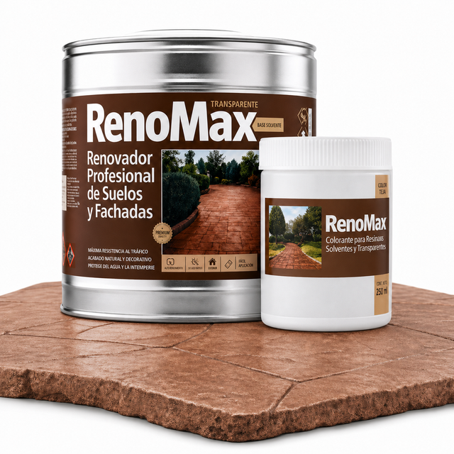 RENOMAX - Resina Hormigon Impreso y Superficies Porosas Al Disolvente + Tinte Hormigon Impreso Color Teja, 15L Cubre hasta 150m² | Garantía 5 Años