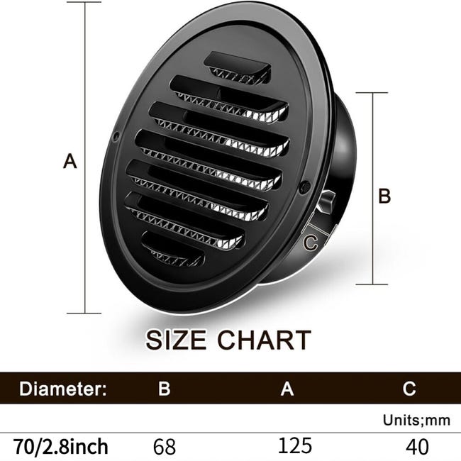 Okrągła kratka wentylacyjna ze stali nierdzewnej z siatką, 70 mm, lakierowana na czarno.