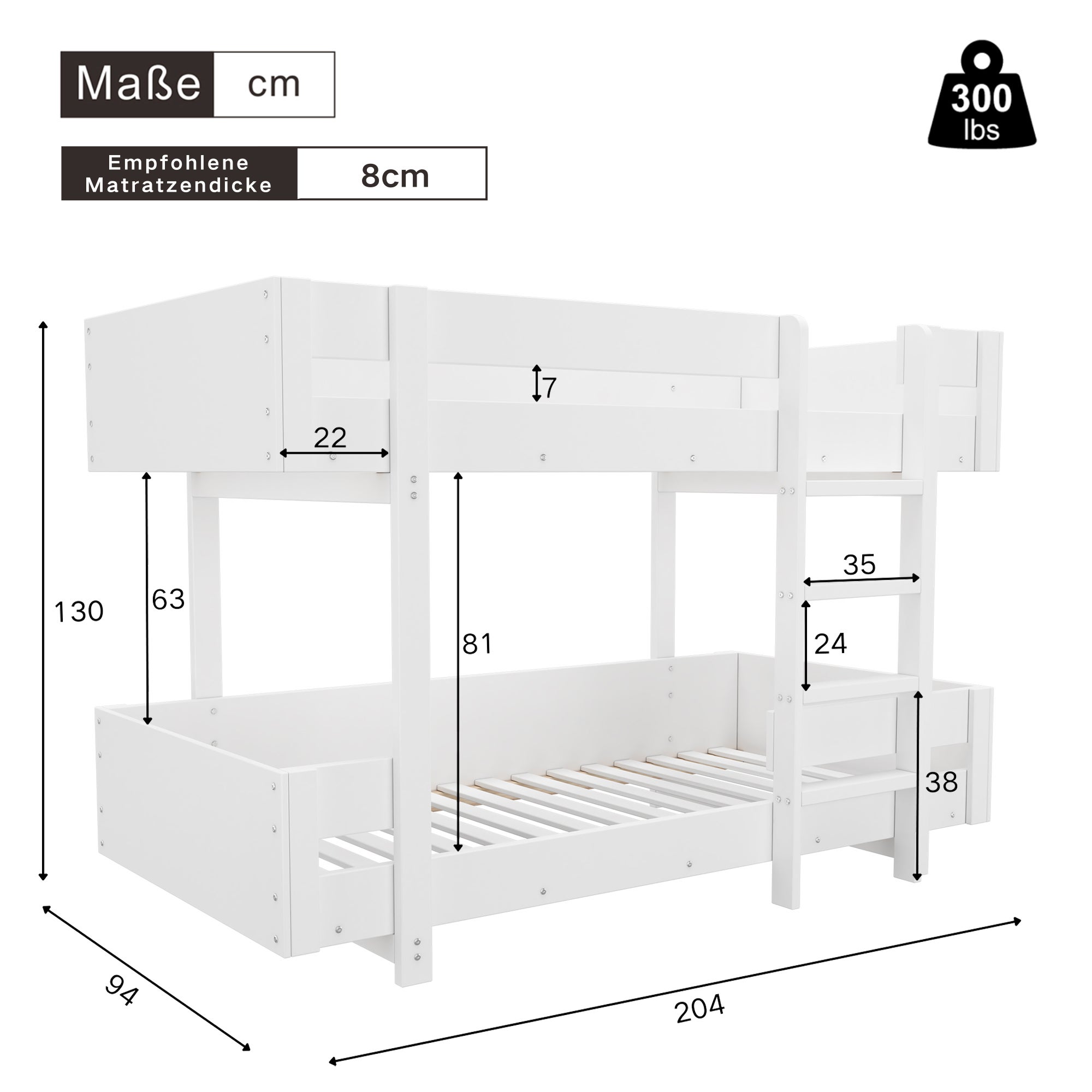 Lit superposé pour enfant 90x200 cm - avec échelle et garde-corps - design simple - Blanc (sans matelas) - 5