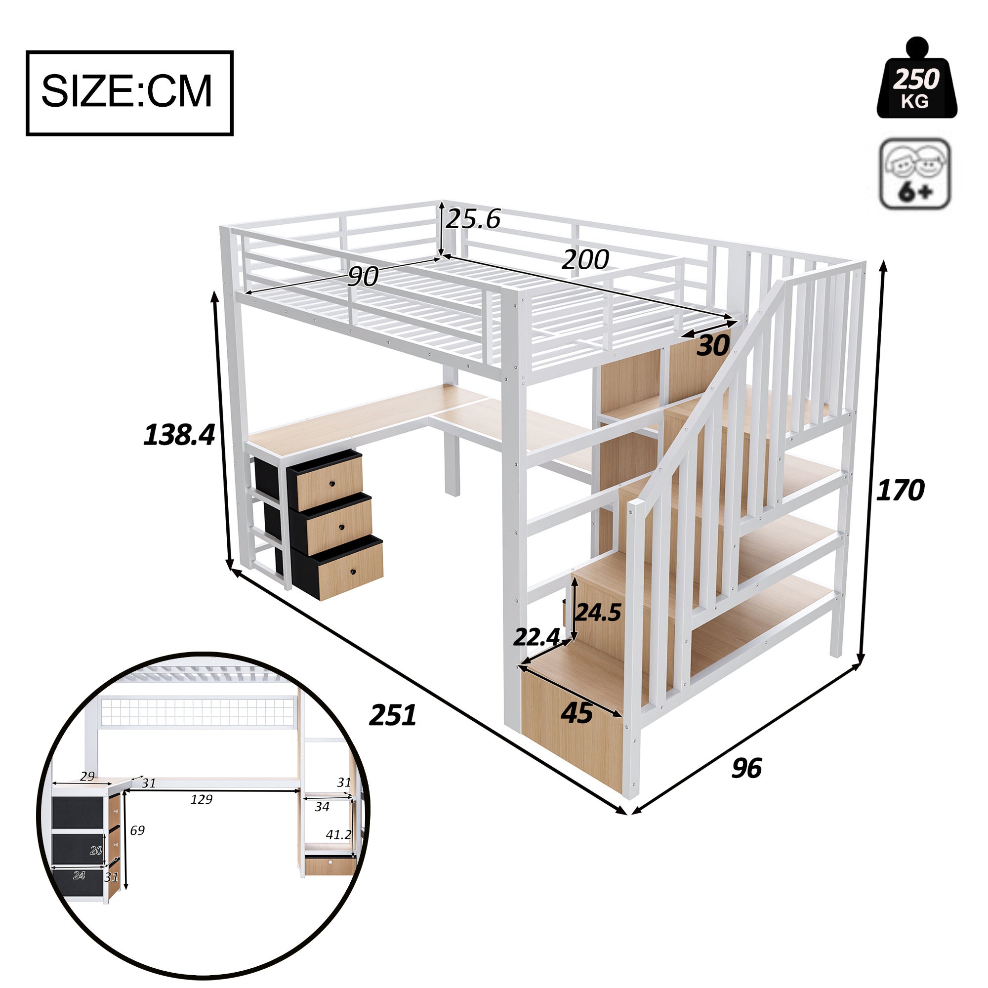Lit mezzanine 90 x 200 cm avec bureau intégré, Lit simple structure en fer avec penderie LED, 4 tiroirs et escalier de rangement, sans matelas, Blanc - 5