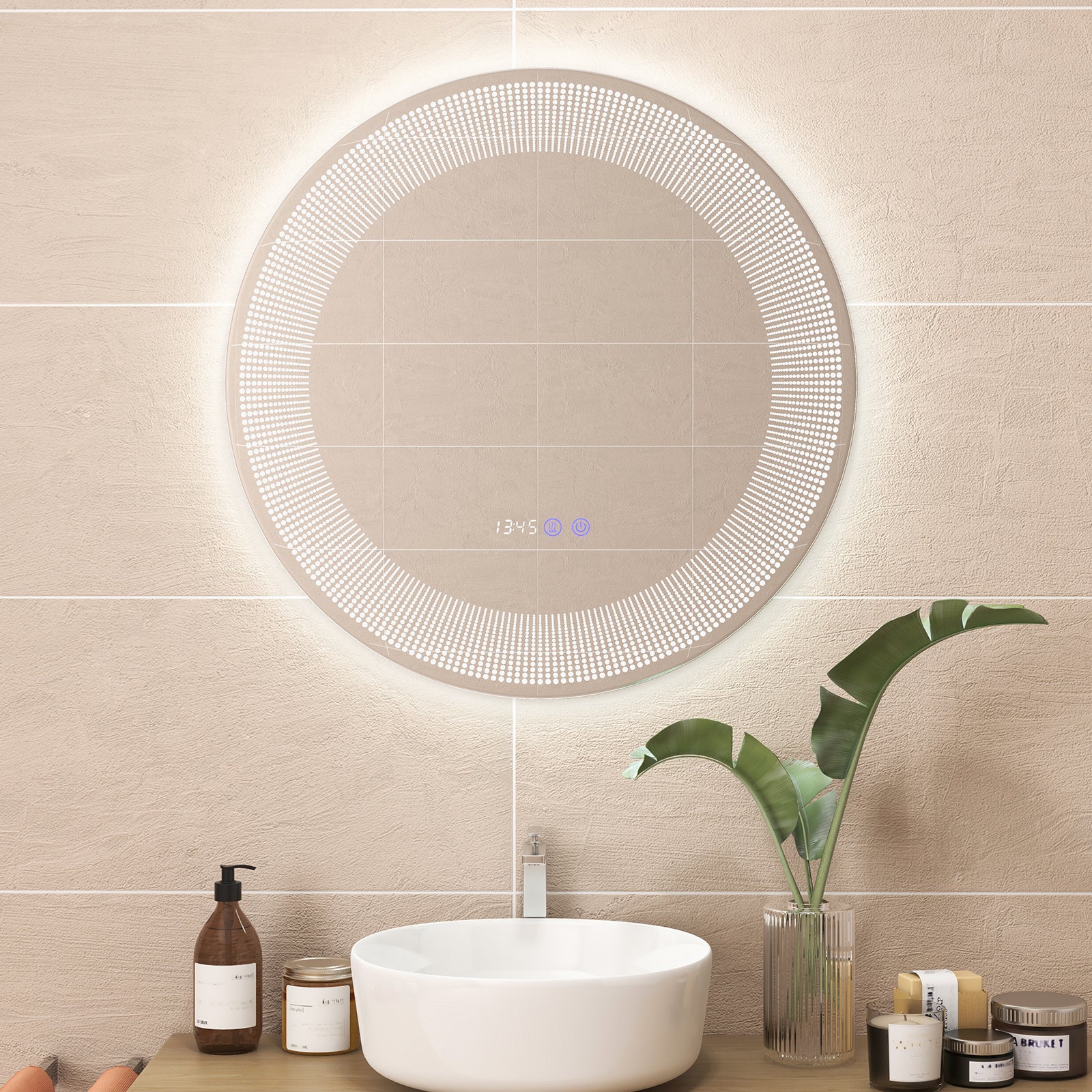 Specchio da Bagno a LED 60x60vm, Specchio Rotondo a Parete con Luci a 3 Colori, Lettura di Tempo e Temperatura, Funziona Anti-Appannamento e I - 2