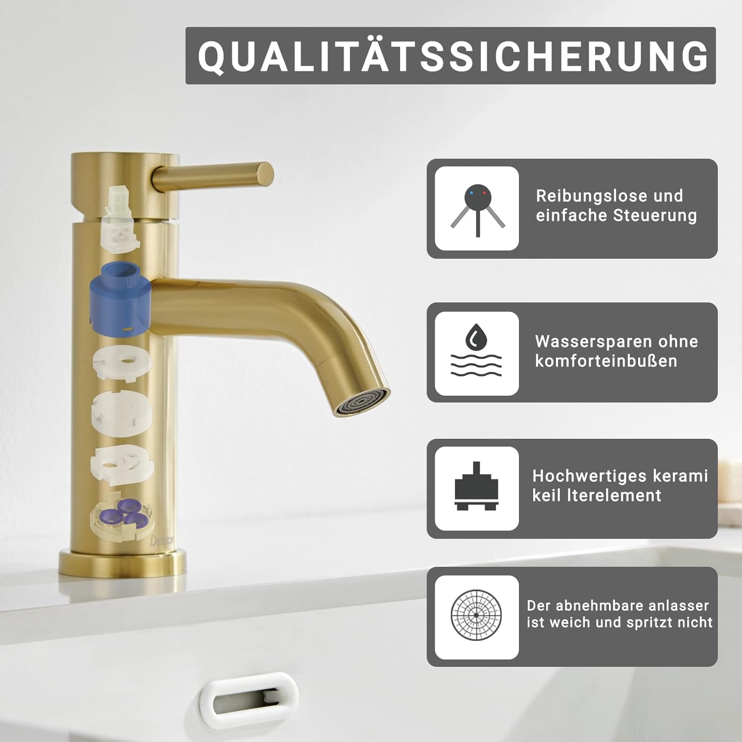 Mitigeur Lavabo Robinet Salle de Bain Robinets de lavabo à Tiroir en Céramique à Faible Bruit Mitigeur avec Raccordement Eau Froide/Chaud, Doré - 4