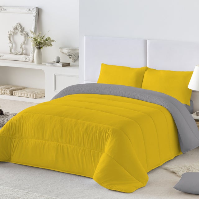 Naturals Home - Couette Nordique Bicolore - Grammage 300 grammes avec toucher plume - Lit 180 (180x200)-Moutarde P.14 / Gris L.807