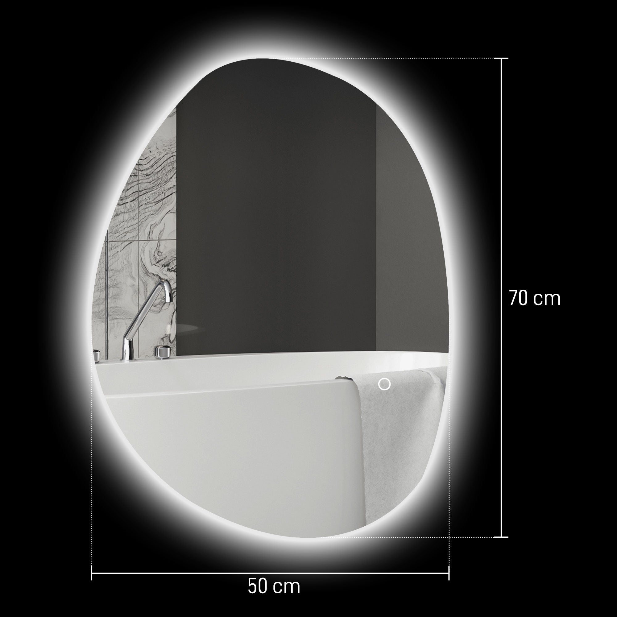 Specchio da bagno asimmetrico 70 x 50 cm con illuminazione a LED, interruttore touch intelligente, funzione antiappannamento, argento - 4