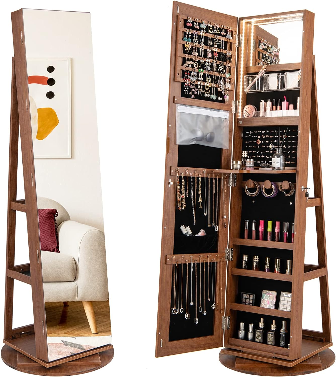 Szafka na Biżuterię z Lustrem Pełnej Długości Obracanym o 360° z Oświetleniem LED w 3 Kolorach – Lustro Kosmetyczne Wewnątrz w Kolorze Brązowym