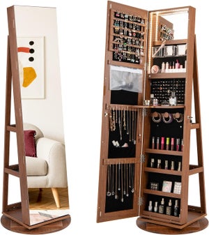 Miroir Plein Pied Rotatif 360° + Porte-manteau - Bois Massif, 2 En 1 - Pour Chambre, Entrée, Dressing