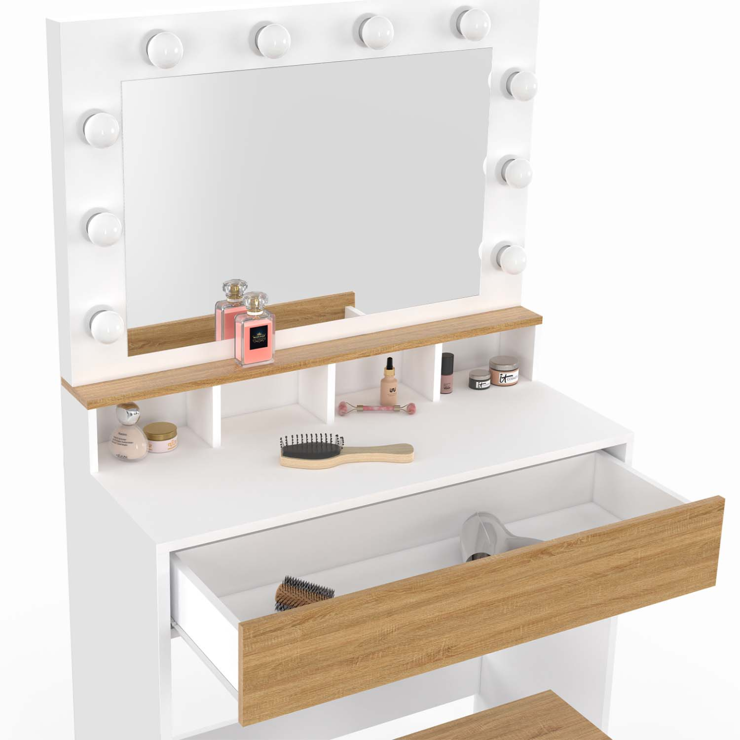 Coiffeuse ZELIA blanc et hêtre miroir LED avec 4 niches, 1 tiroir et tabouret - 5