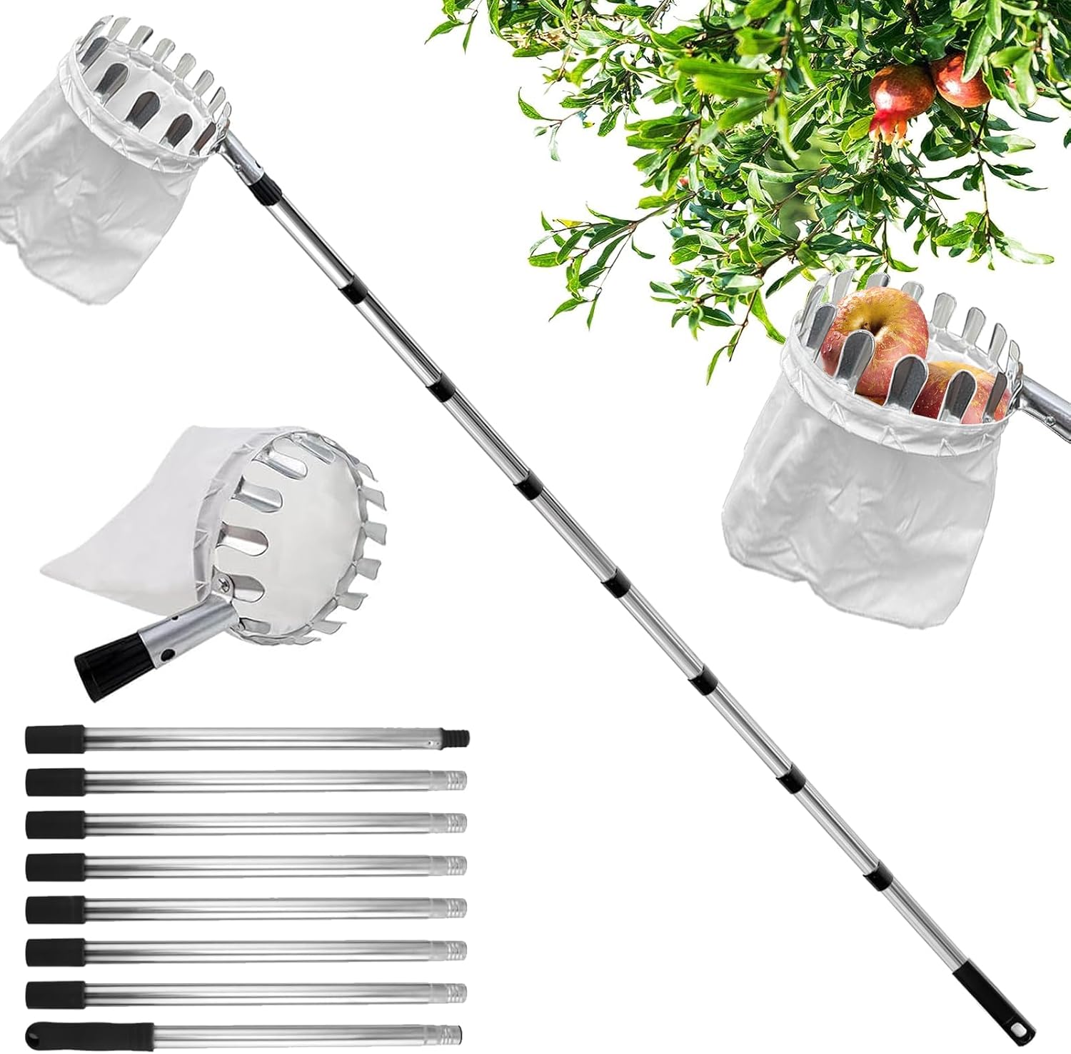 Cueille-fruit Télescopique Extensible Jusqu'à 3,78 M - Avec Sac De Récolte - Poteaux En Acier Inoxydable - Pour Pommes, Cerises, Prunes... - Diamètre Panier 14 Cm