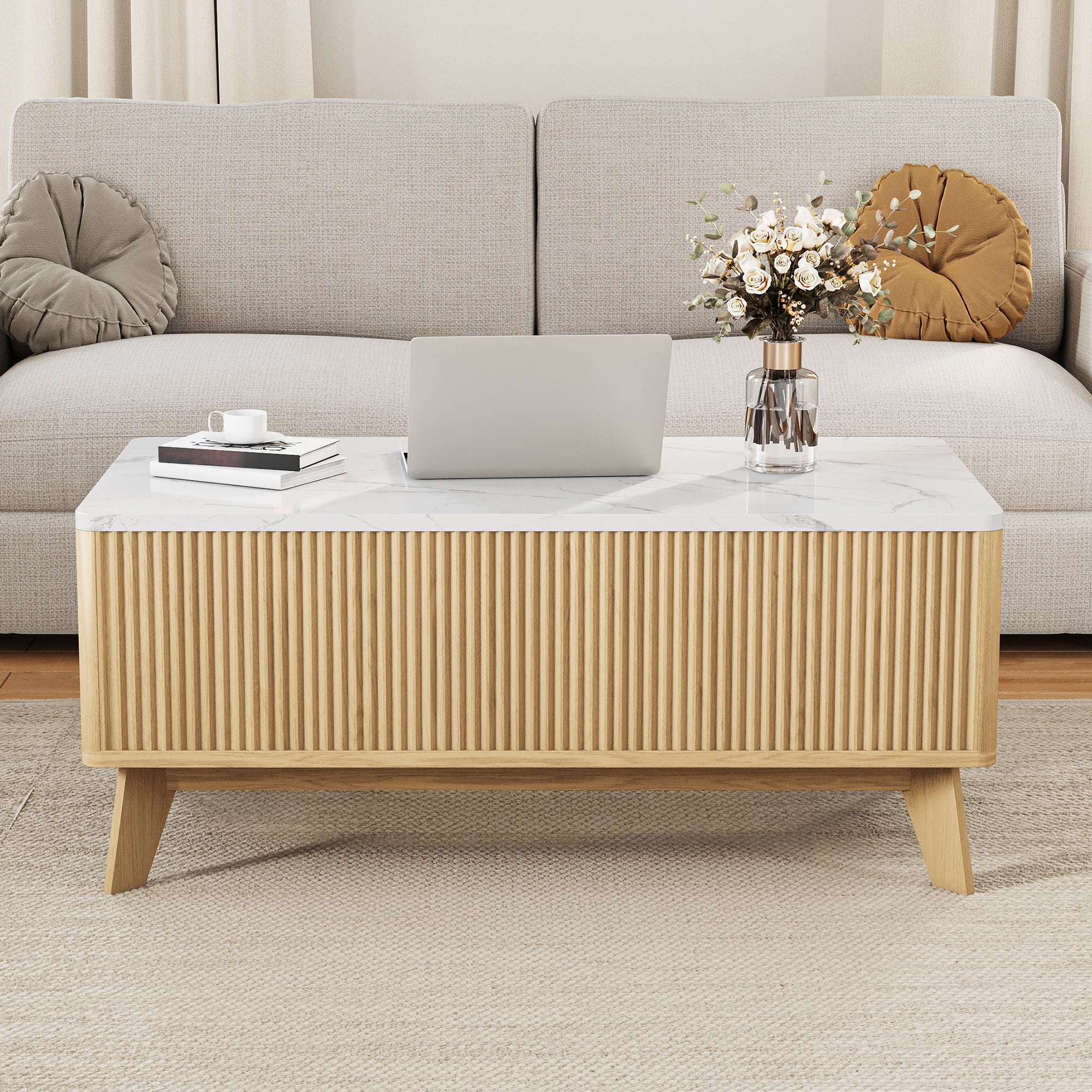 Table Basse Relevable 105x53x42cm, Style Scandinave, Table de Salon avec Comptoir Imitation Marbre et Pieds en Bois Massif, Naturel - 3