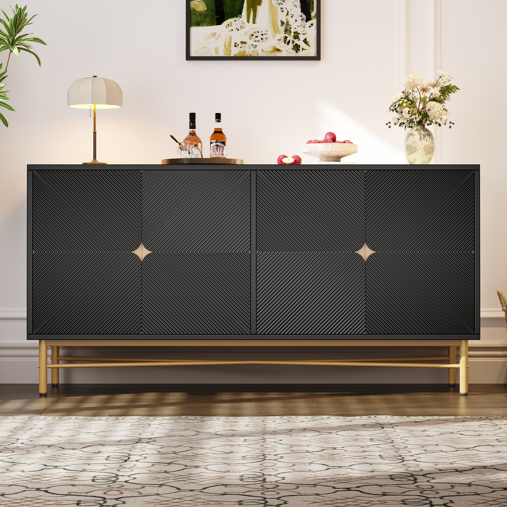 Nowoczesna komoda 160x40x82cm - z 4 drzwiami - nogi metalowe - płyta wiórowa - czarna