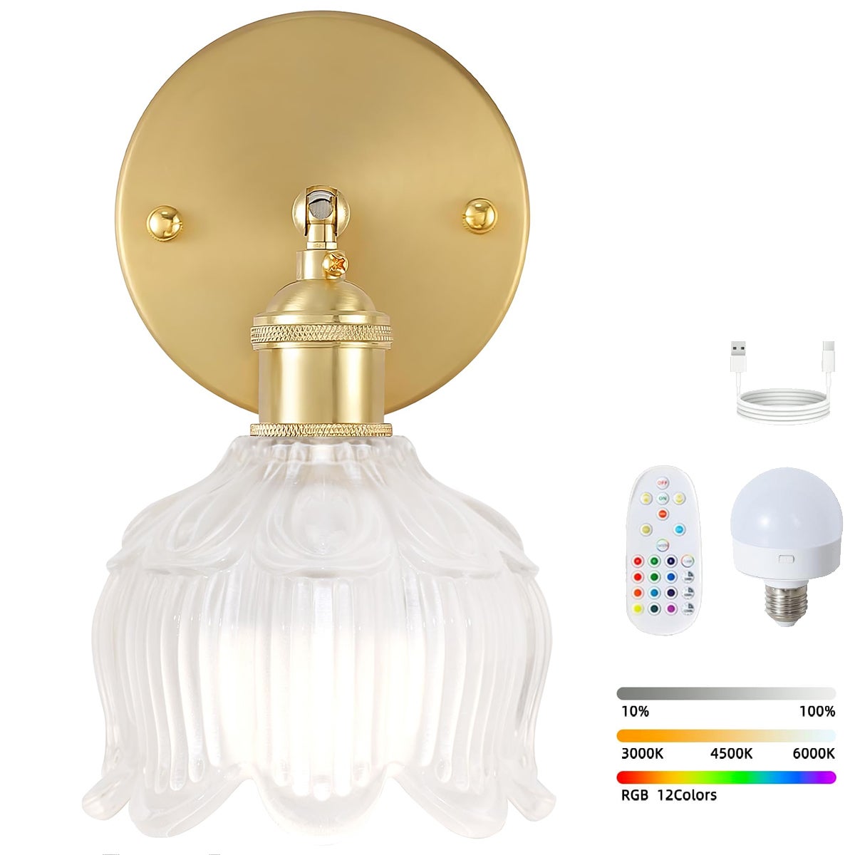 Bezprzewodowa lampa ścienna LED z pilotem, lampka nocna ładowalna, ściemnialna, zmiana koloru RGB, 3000K-6000K, z żarówką
