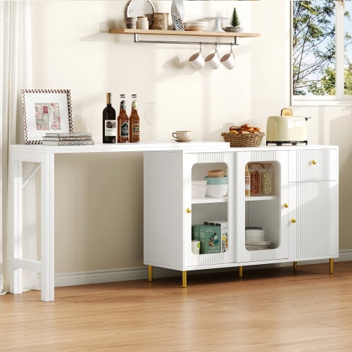 Moderno aparador blanco con mesa plegable y extensible,superficie giratoria,patas doradas,puertas correderas de vidrio y diseño de onda –para comedor