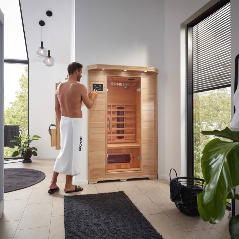 HOME DELUXE – Cabine infrarouge REDSUN M – 120 x 105 x 190 cm - pour 2 personnes, 5 radiateurs céramiques – Bois : pruche I Sauna infrarouge, sauna, - 2