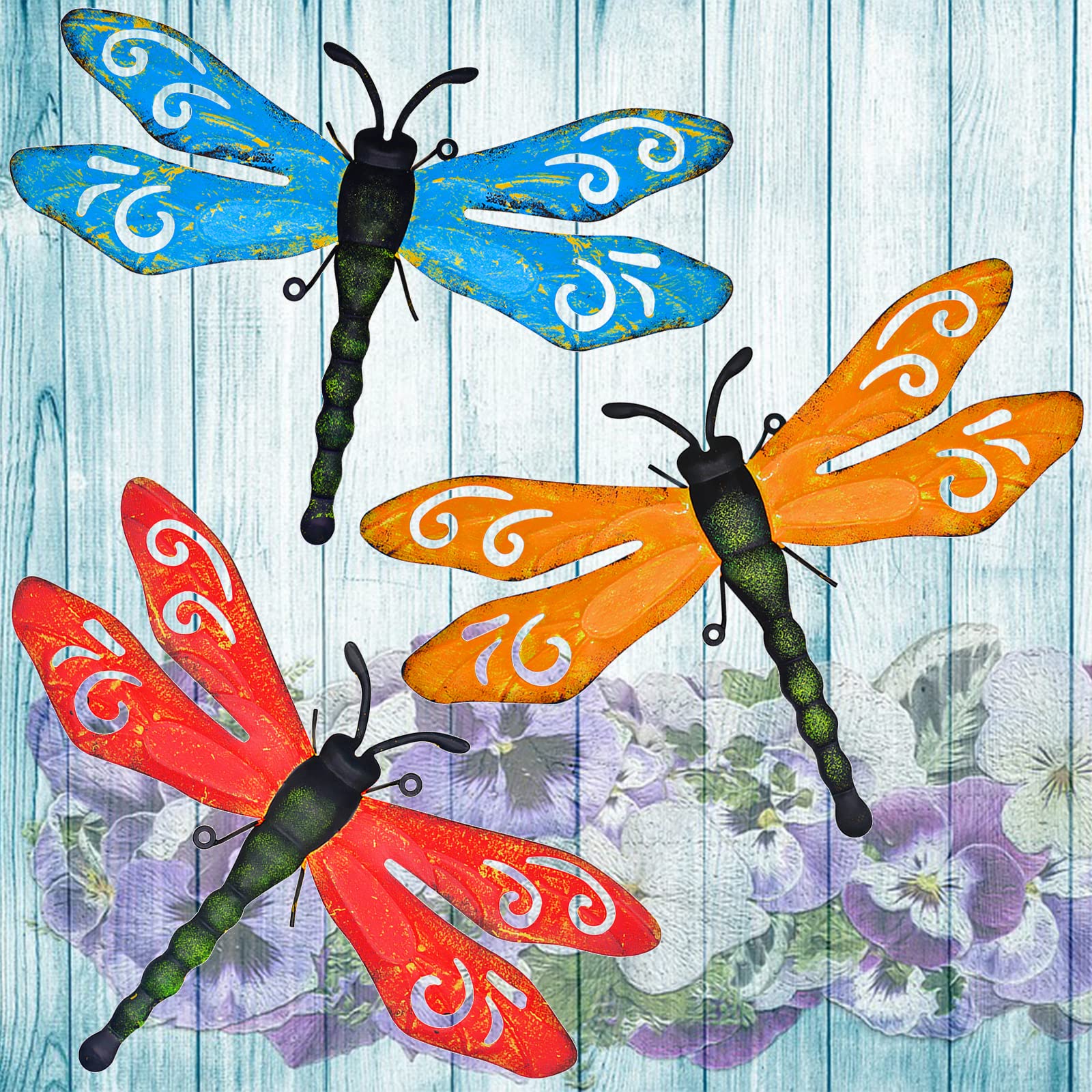 Zestaw 3 vintage dekoracji ściennych z żelaza w kształcie ważki do ogrodu, na podwórko, do wejścia, pokoju dziecięcego, do uprawiania ogrodnictwa