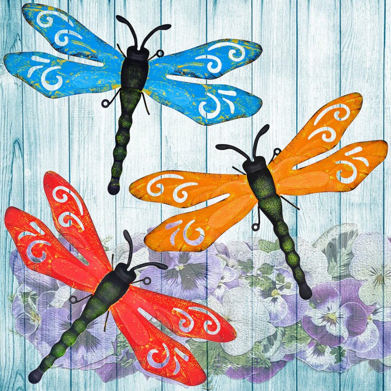 Zestaw 3 vintage dekoracji ściennych z żelaza w kształcie ważki do ogrodu, na podwórko, do wejścia, pokoju dziecięcego, do uprawiania ogrodnictwa