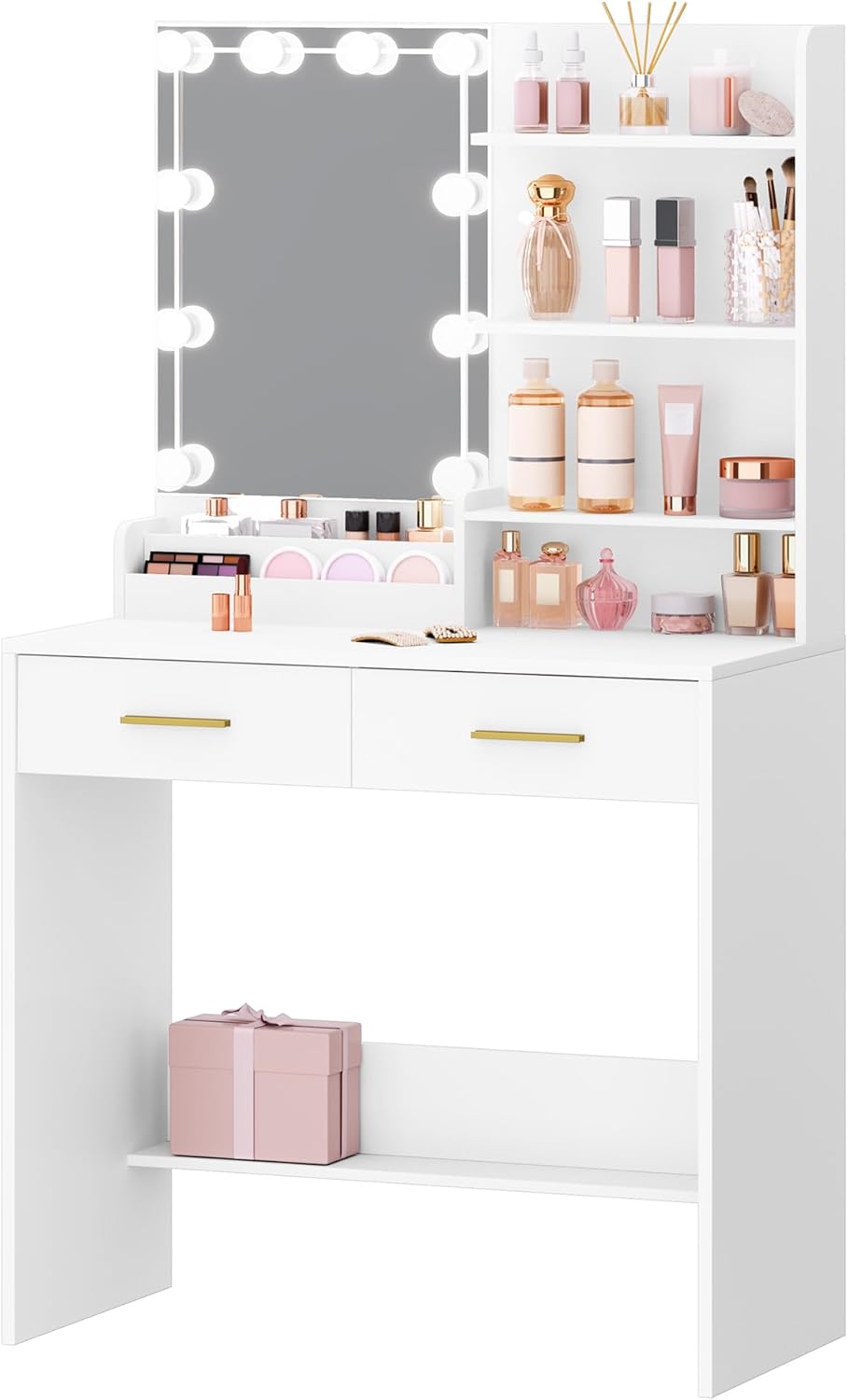 Coiffeuse avec 10 LED,Vanité de Maquillage avec 4 Étagères de Rangement Ouvertes et 2 Compartiments, Coiffeuse avec 2 Tiroirs, pour Chambre, Blanc - 2