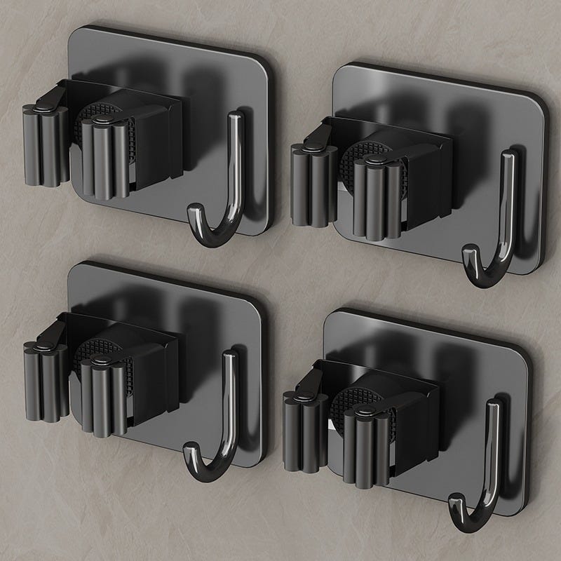 Pack 4 Porte-Balais Muraux Auto-Adhésifs - Support Balai Et Vadrouille Sans Percage, Noir