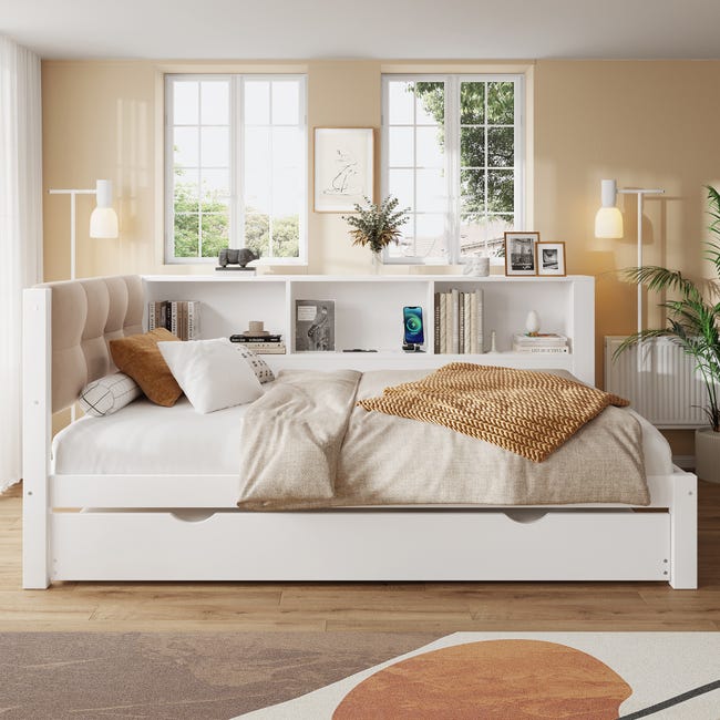 Divano letto 90x200 cm singolo con letto estraibile, LED, ripiano