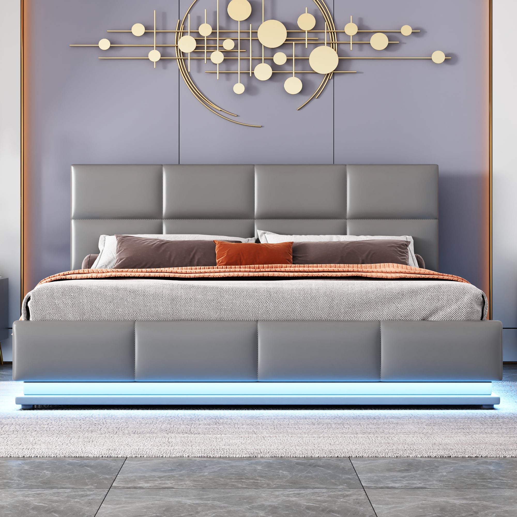 Łóżko 160x200cm z ekoskóry z LED + stelaż z listew + regulowane wezgłowie - Szare - 7