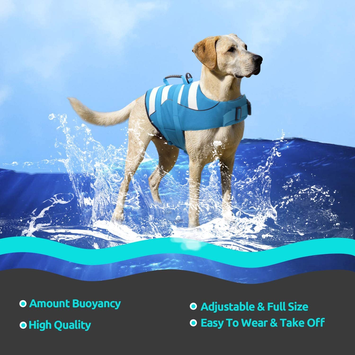 Colete salva-vidas para cães, ajustável, com alça macia, boa flutuabilidade no mar ou lago (azul, tamanho G) - 2