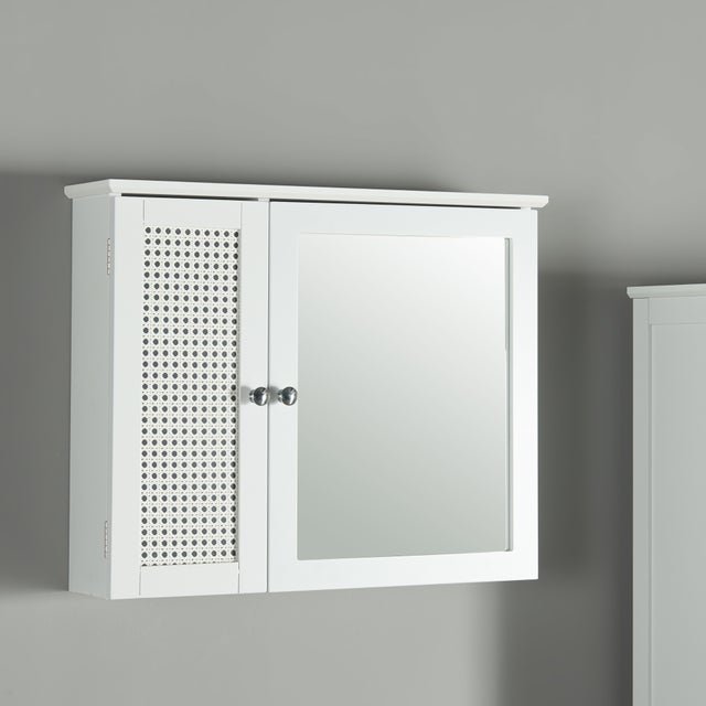 Relaxdays Meuble De Salle De Bain 3 Compartiments - Porte Rotin Blanc Nature H96.5x30x30 Cm