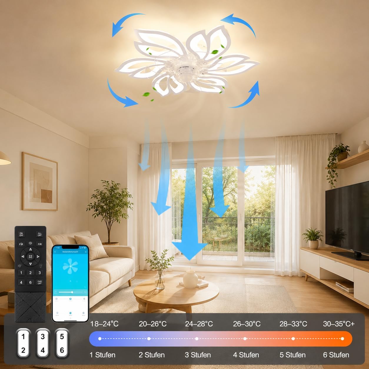 NETTLIFE Ventilateur de Plafond avec Éclairage LED Silencieux, 6 Lumières Design Créatif, Dimmable via APP, Réversible Été/Hiver pour Salon Chambre - 3