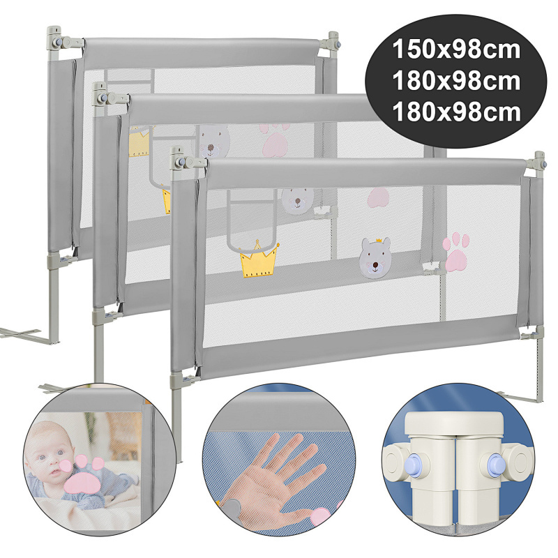 3X Bariera łóżkowa, z barierą zabezpieczającą przed spadkiem - Bariera Bezpieczeństwa Dzieci - Szary - Regulowana wysokość 70-98cm (150cm + 2x180cm)