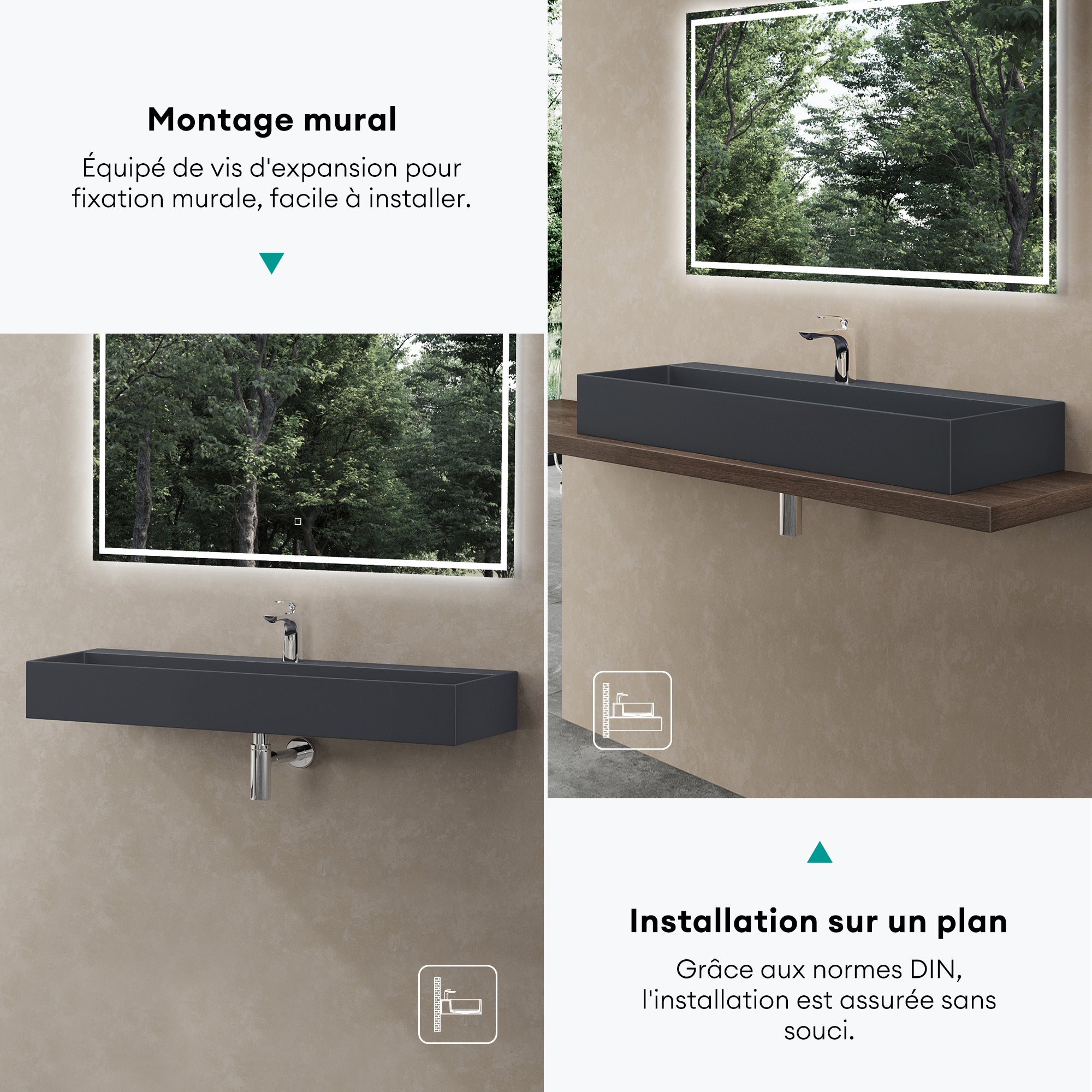 Lavabo Suspendu, Vasque à Poser, Lave-Mains Rectangulaire, 80cm, Gris Noir Mat, avec Cache Bonde, pour Salle de Bains, Colossum6028 doporro - 6