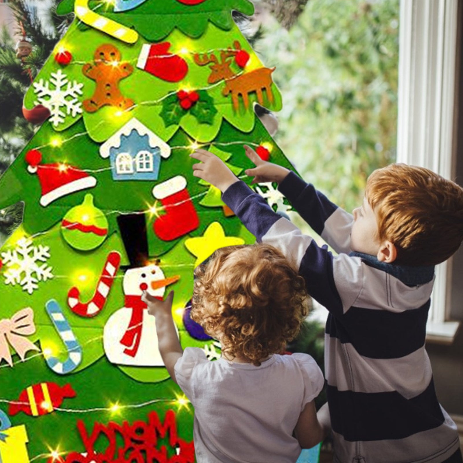 Ensemble de sapin de Noël en feutre à faire soi-même pour enfants, décoration de Noël à suspendre avec 50 LED, pour porte/mur - 9