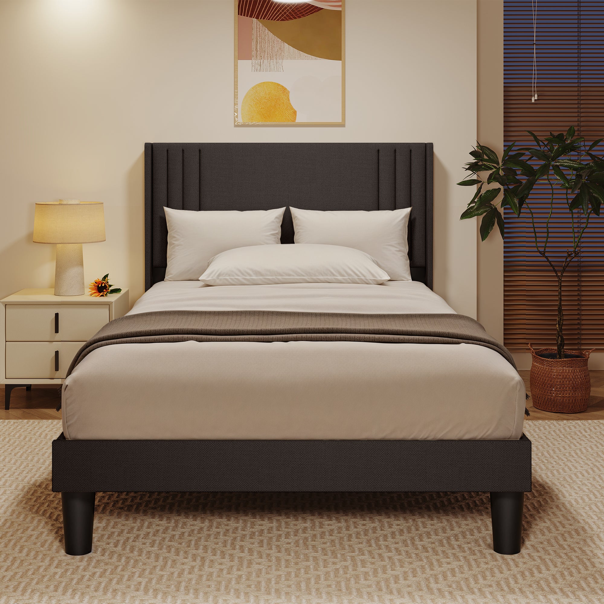 Lit Simple Capitonné 120 x 200 cm avec Tête de Lit pour Rangement Bealife Sommier à Lattes Tissu en Lin Lit Enfant Adolescent Gris Foncé - 6