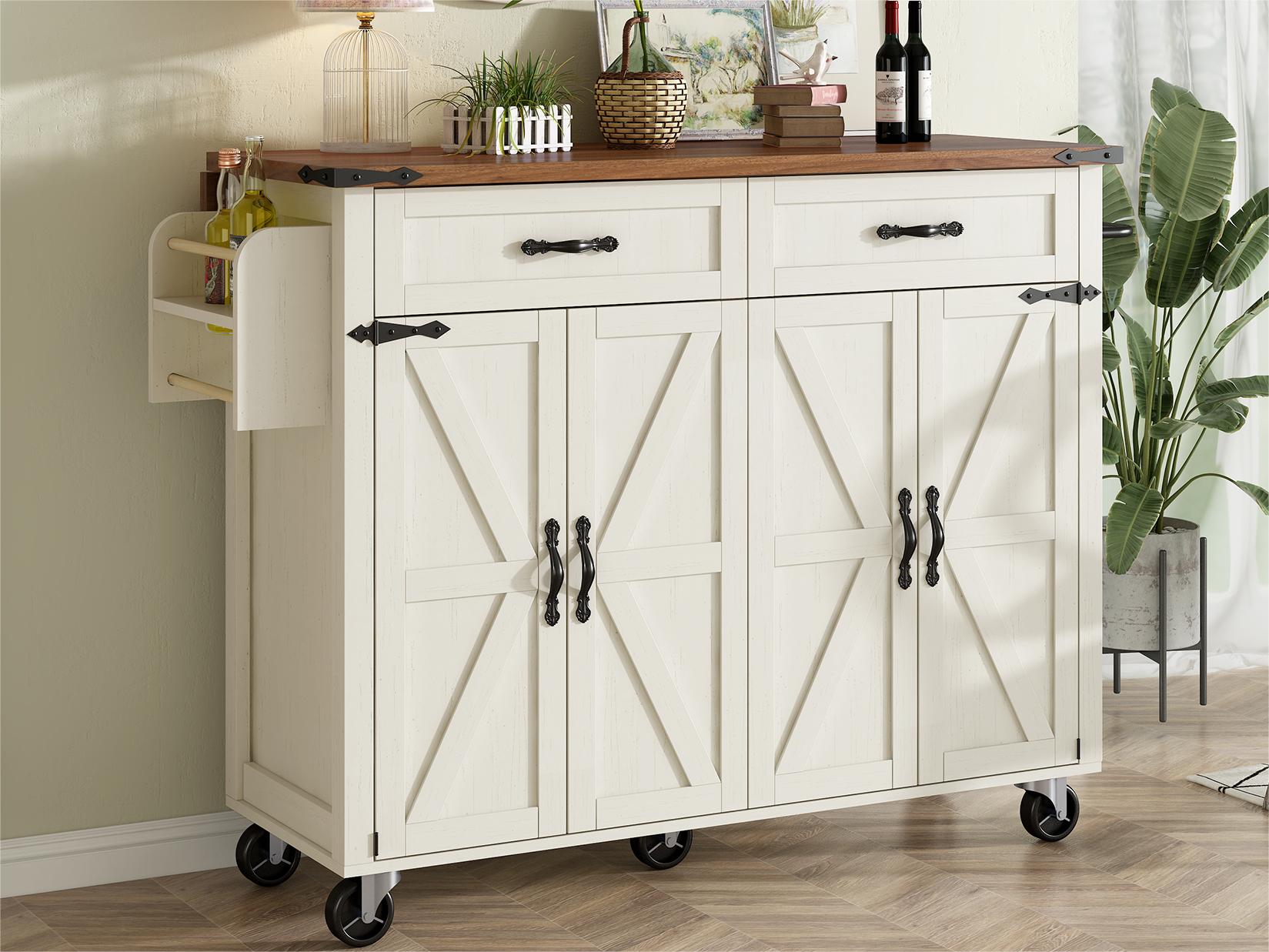 Stolik barowy na kółkach - z wysuwanym blatem - 4 drzwi i 2 szuflady - Beżowy