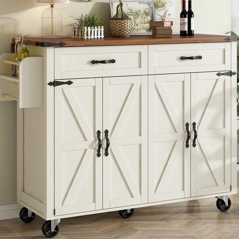 Stolik barowy na kółkach - z wysuwanym blatem - 4 drzwi i 2 szuflady - Beżowy