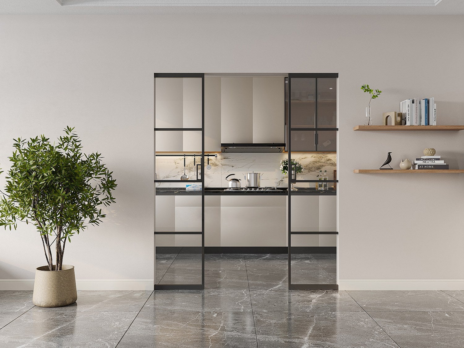 Porte coulissante double avec système à galandage - aluminium et verre trempé transparent - 2 x H205 x L73 cm - SINCA II - 2